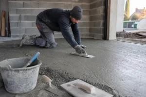 Artisan talochant une dalle de béton fibré fraîchement coulée dans un garage en chantier