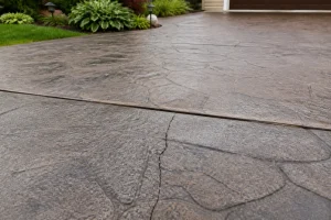 Fissure visible sur une allée en béton imprimé près d'un joint de dilatation
