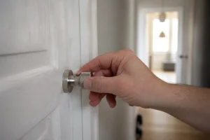 Main tournant un bouton moleté de serrure sur une porte intérieure en bois
