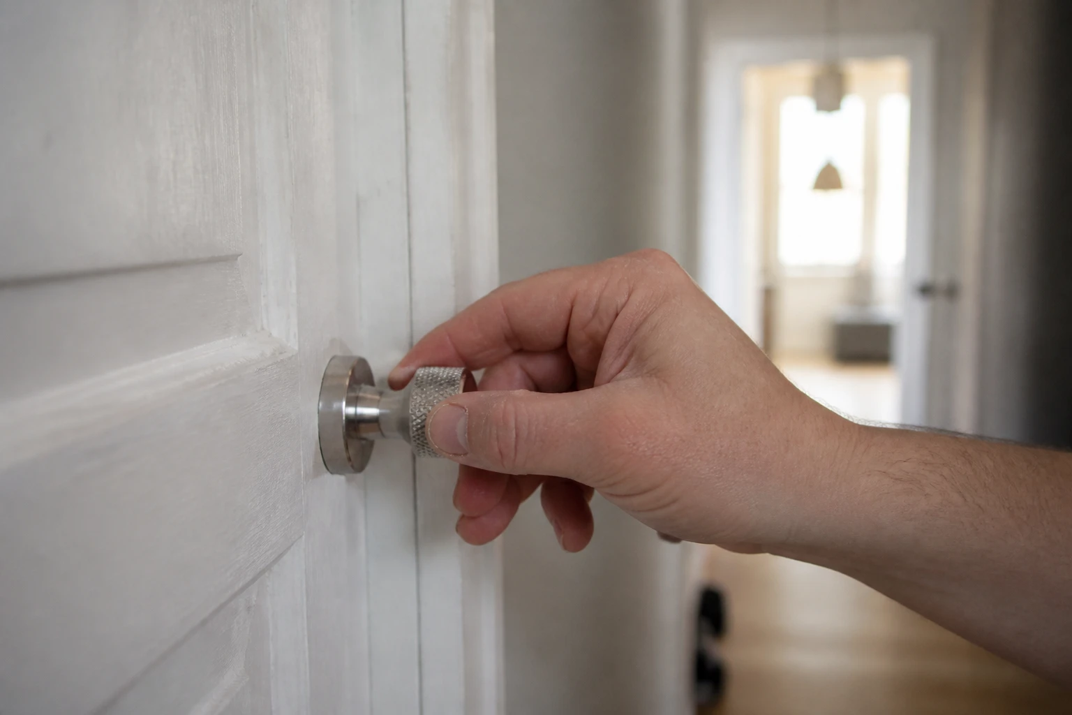 Main tournant un bouton moleté de serrure sur une porte intérieure en bois