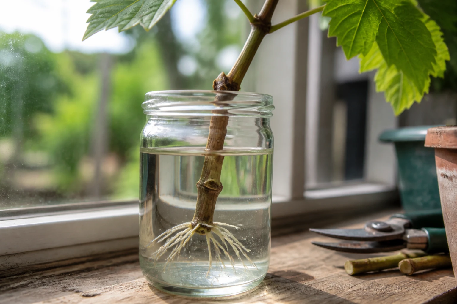Bouture de vigne plongée dans un bocal en verre avec racines visibles à la base