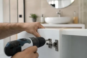 Artisan fixant une charnière sur une porte de meuble de salle de bain en mélaminé