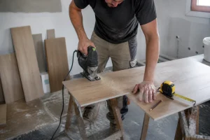 Artisan coupant une lame de parquet stratifié à la scie sauteuse sur des tréteaux