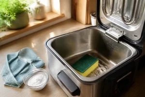 Nettoyage de la cuve d'une friteuse électrique à l'éponge sur un plan de travail de cuisine