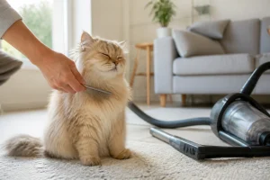 Peigne fin utilisé sur un chat pour détecter les puces dans un salon