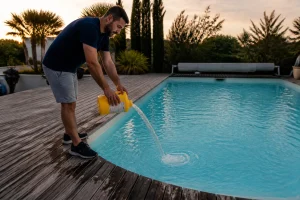 Versement d'eau de javel concentrée dans une piscine de 50 m3 en fin de journée