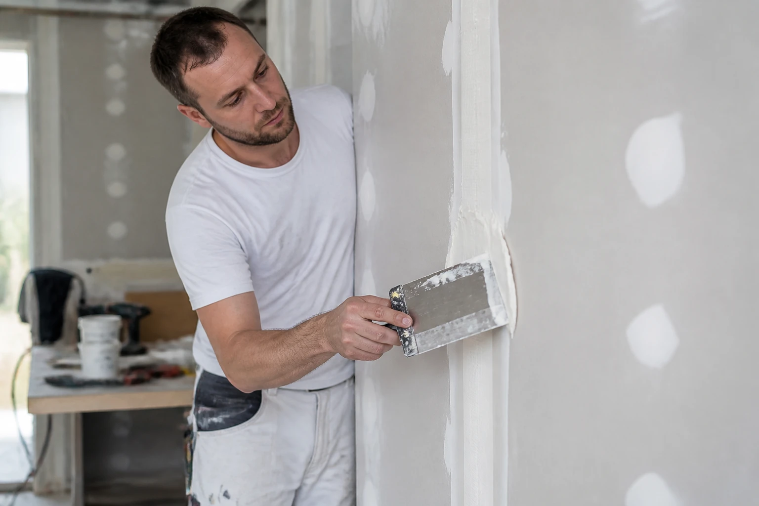 Artisan appliquant une bande à joint sur un mur en placo avec un couteau à enduire