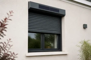 Volet roulant solaire installé sur une fenêtre avec panneau photovoltaïque visible sur le coffre