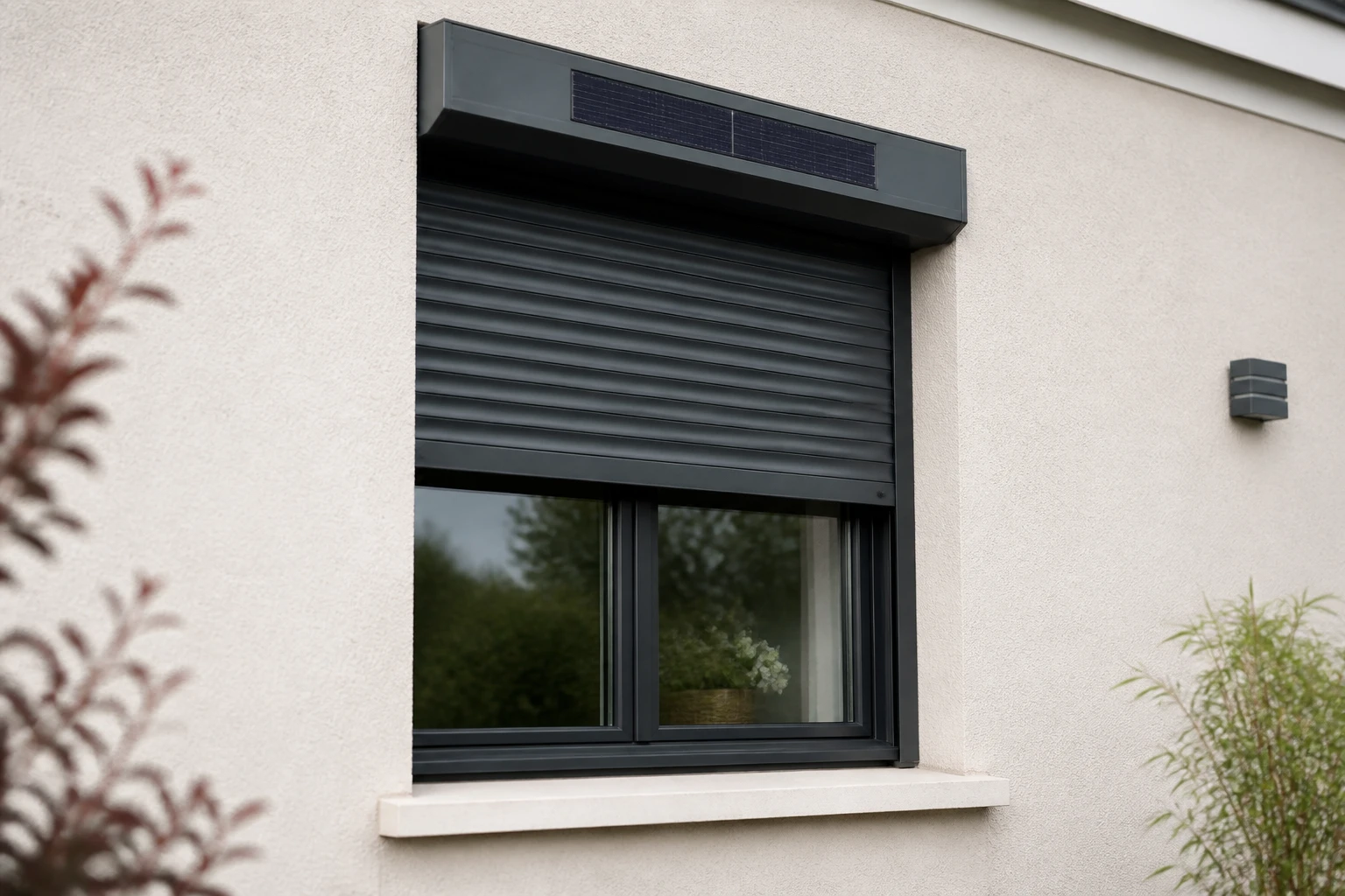 Volet roulant solaire installé sur une fenêtre avec panneau photovoltaïque visible sur le coffre