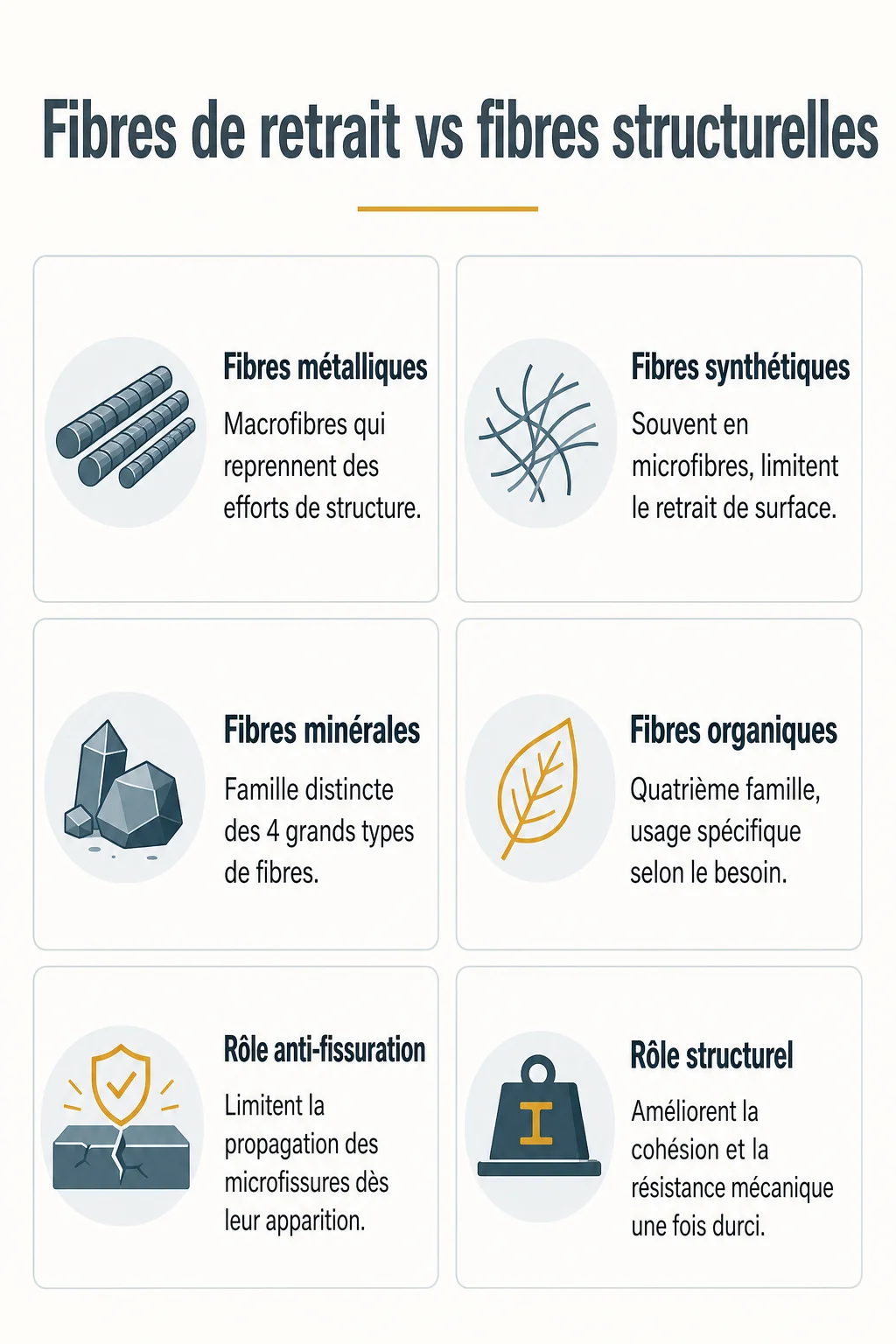 Fibres de retrait vs fibres structurelles : Fibres métalliques, Fibres synthétiques, Fibres minérales, Fibres organiques, Rôle anti-fissuration, Rôle structurel