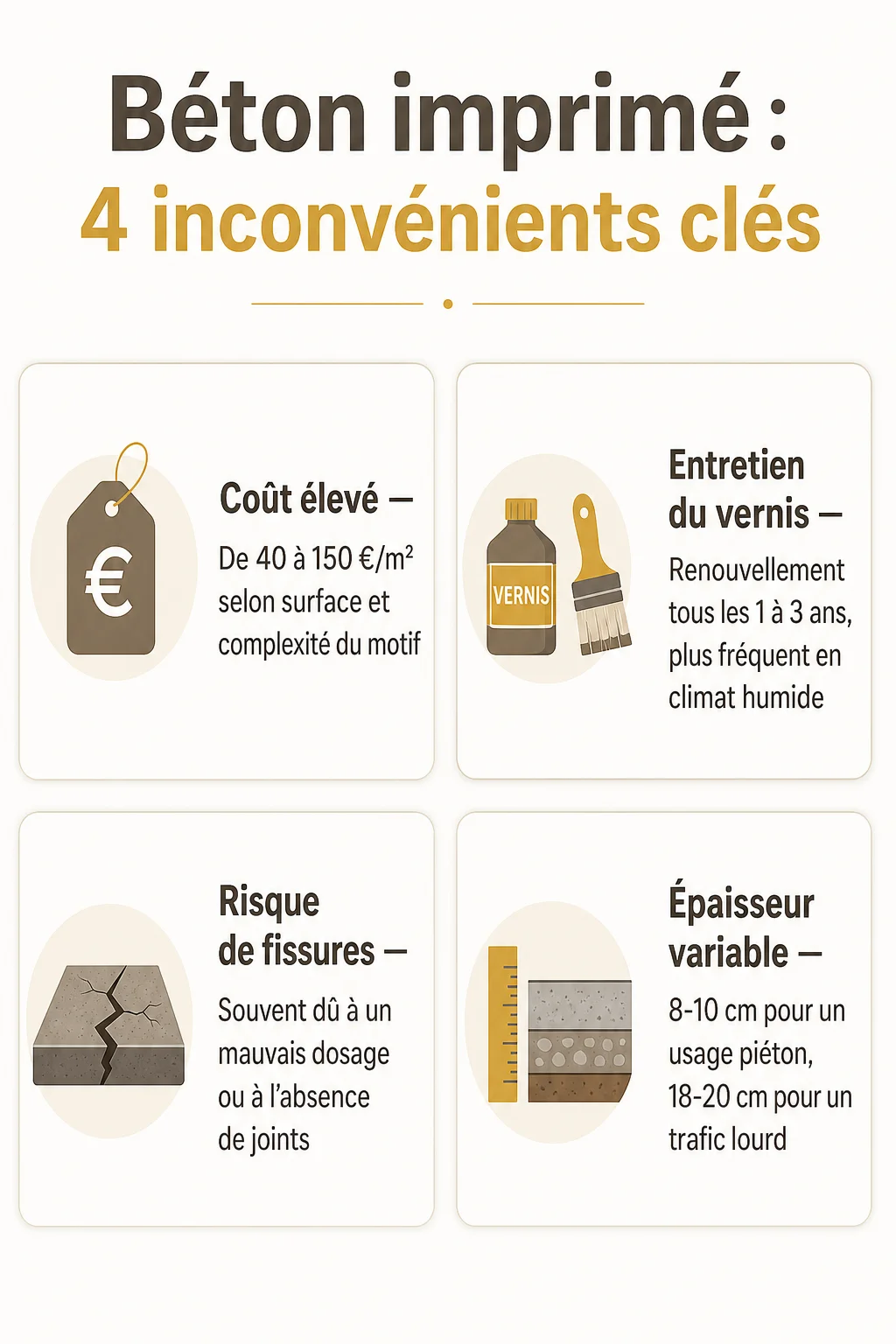 Béton imprimé : 4 inconvénients clés : Coût élevé, Entretien du vernis, Risque de fissures, Épaisseur variable