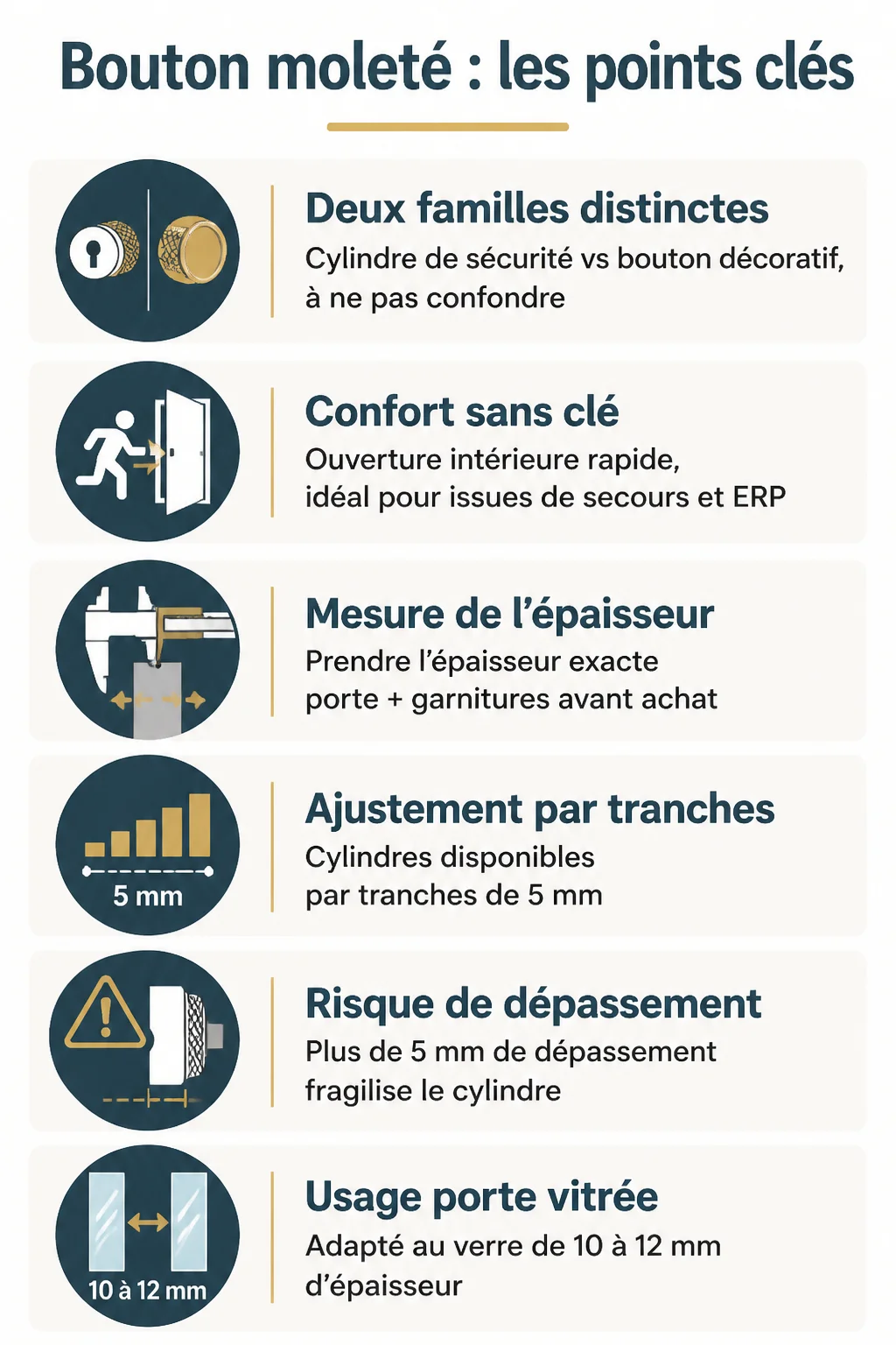 Bouton moleté : les points clés : Deux familles distinctes, Confort sans clé, Mesure de l'épaisseur, Ajustement par tranches, Risque de dépassement, Usage porte vitrée