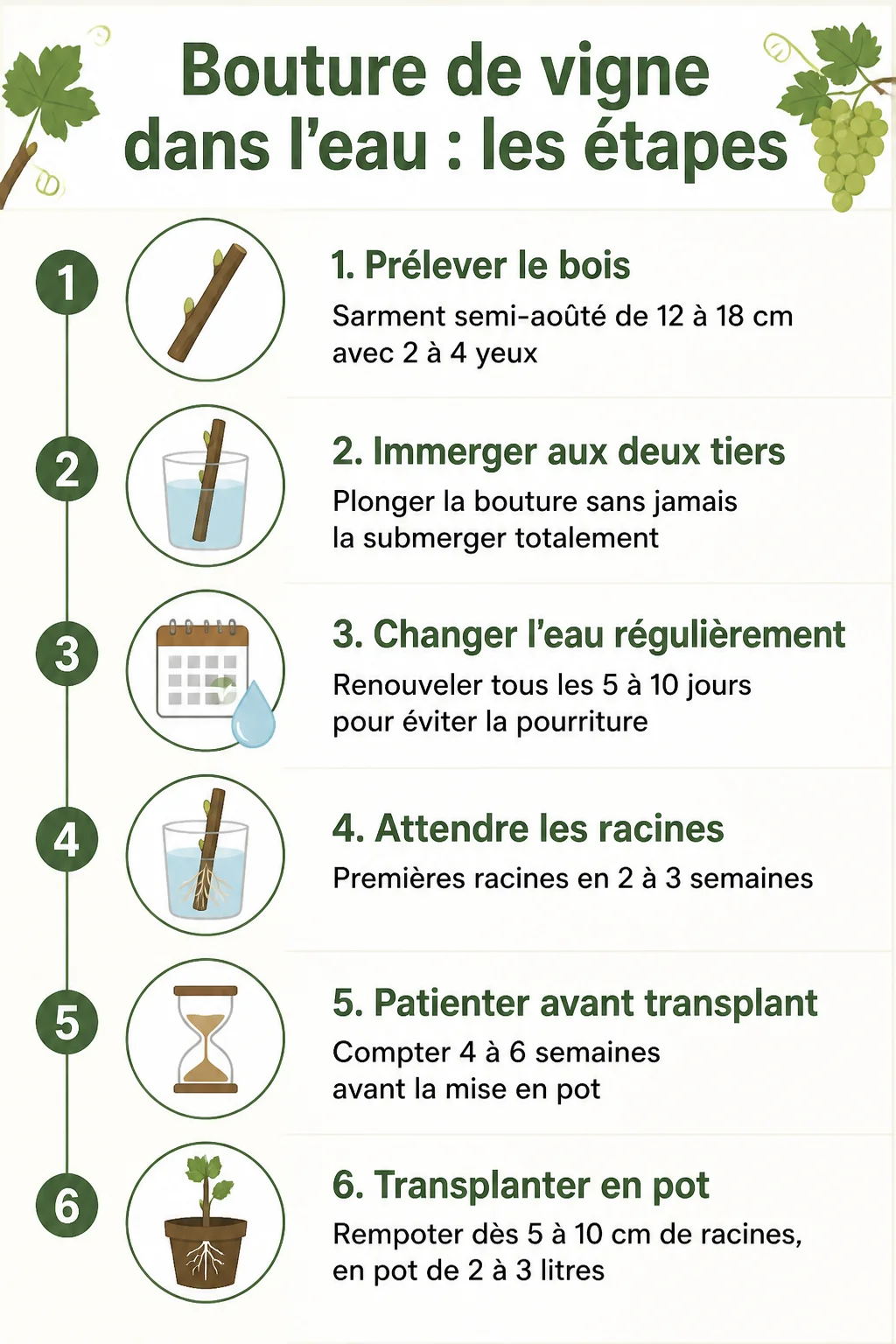 Bouture de vigne dans l'eau : les étapes : 1. Prélever le bois, 2. Immerger aux deux tiers, 3. Changer l'eau régulièrement, 4. Attendre les racines, 5. Patienter avant transplant, 6. Transplanter en pot
