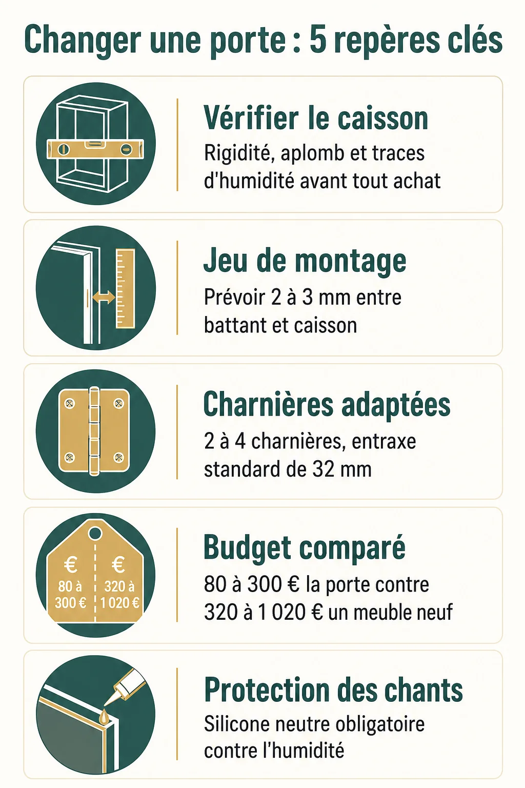 Changer une porte : 5 repères clés : Vérifier le caisson, Jeu de montage, Charnières adaptées, Budget comparé, Protection des chants