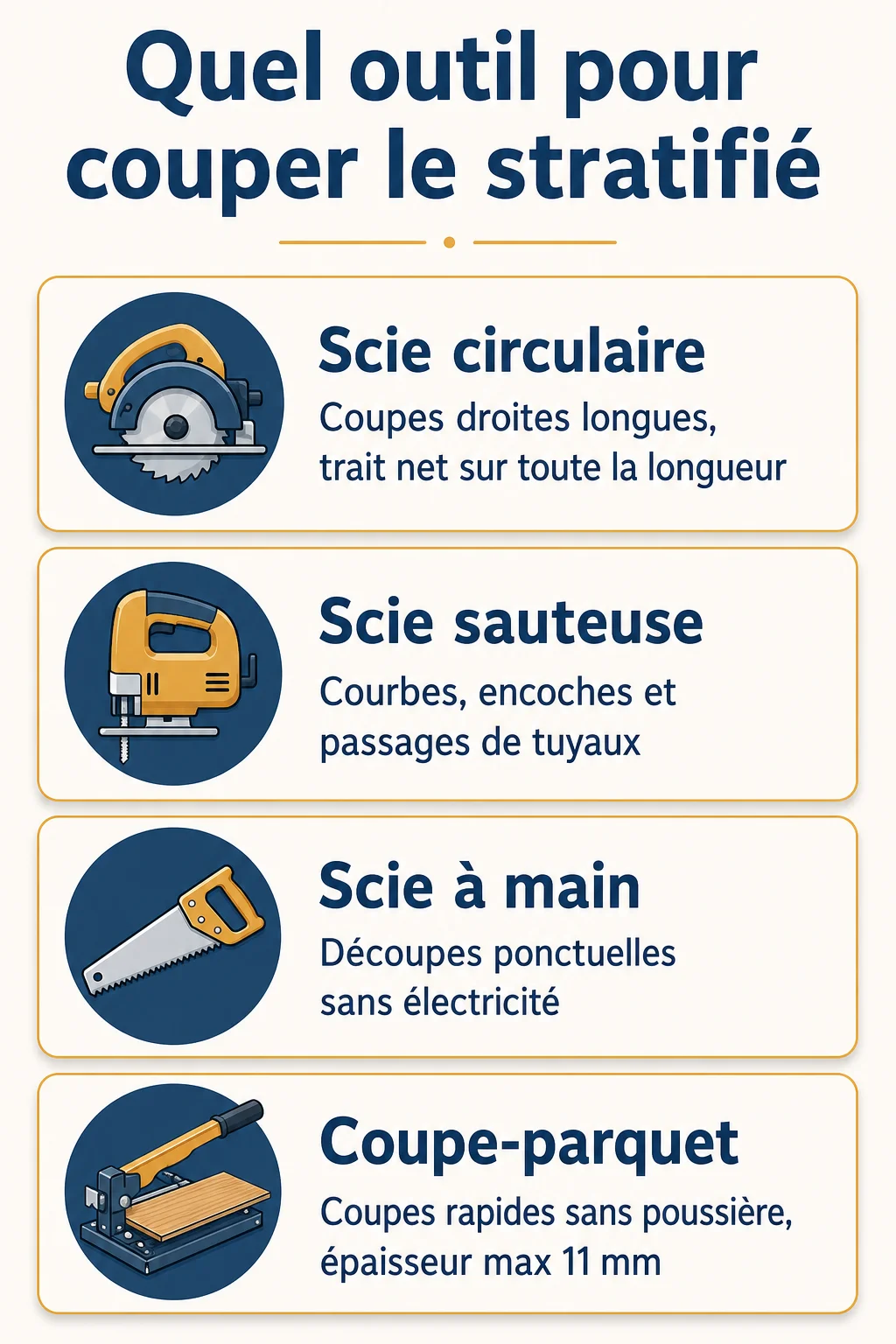 Quel outil pour couper le stratifié : Scie circulaire, Scie sauteuse, Scie à main, Coupe-parquet