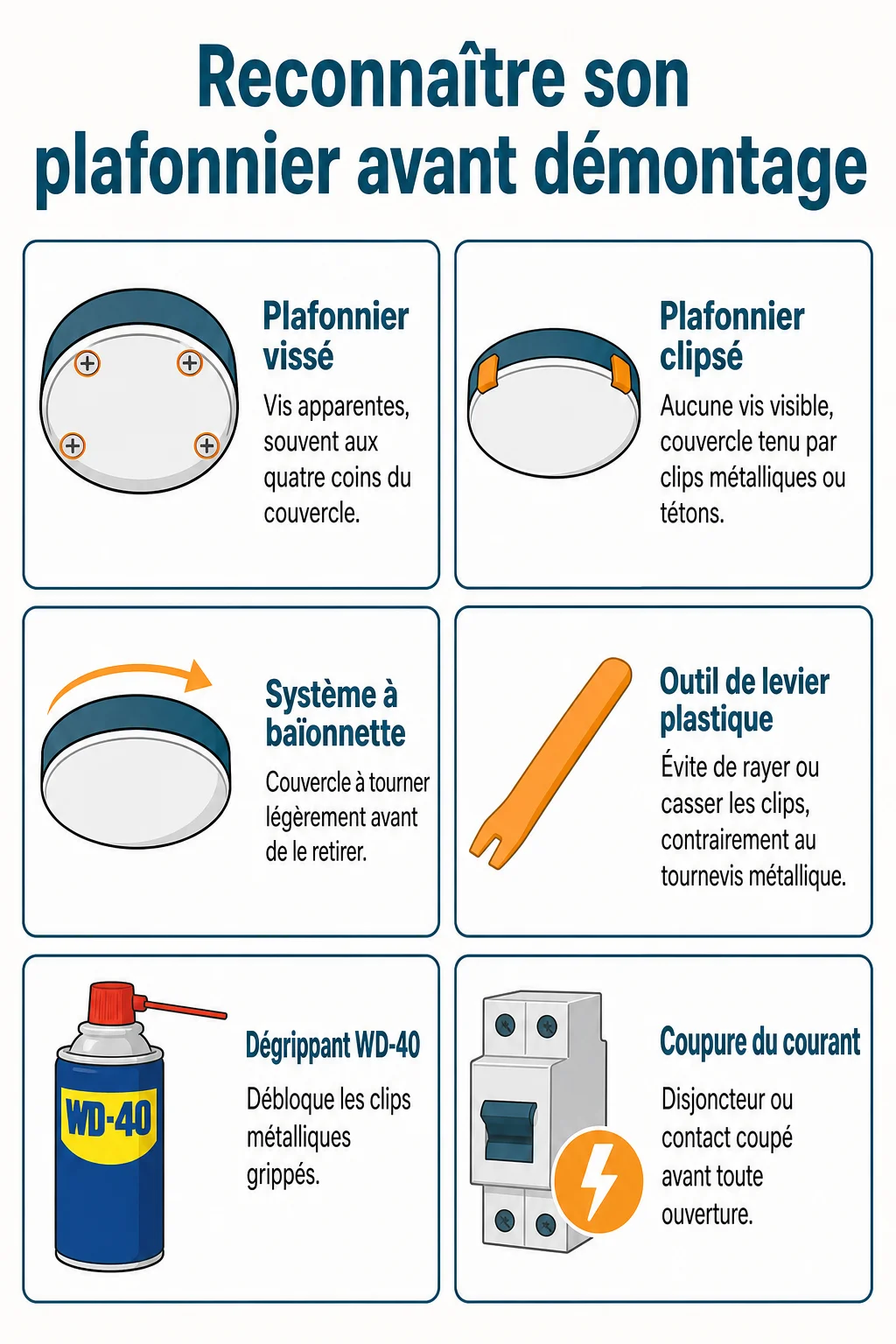 Reconnaître son plafonnier avant démontage : Plafonnier vissé, Plafonnier clipsé, Système à baïonnette, Outil de levier plastique, Dégrippant WD-40, Coupure du courant