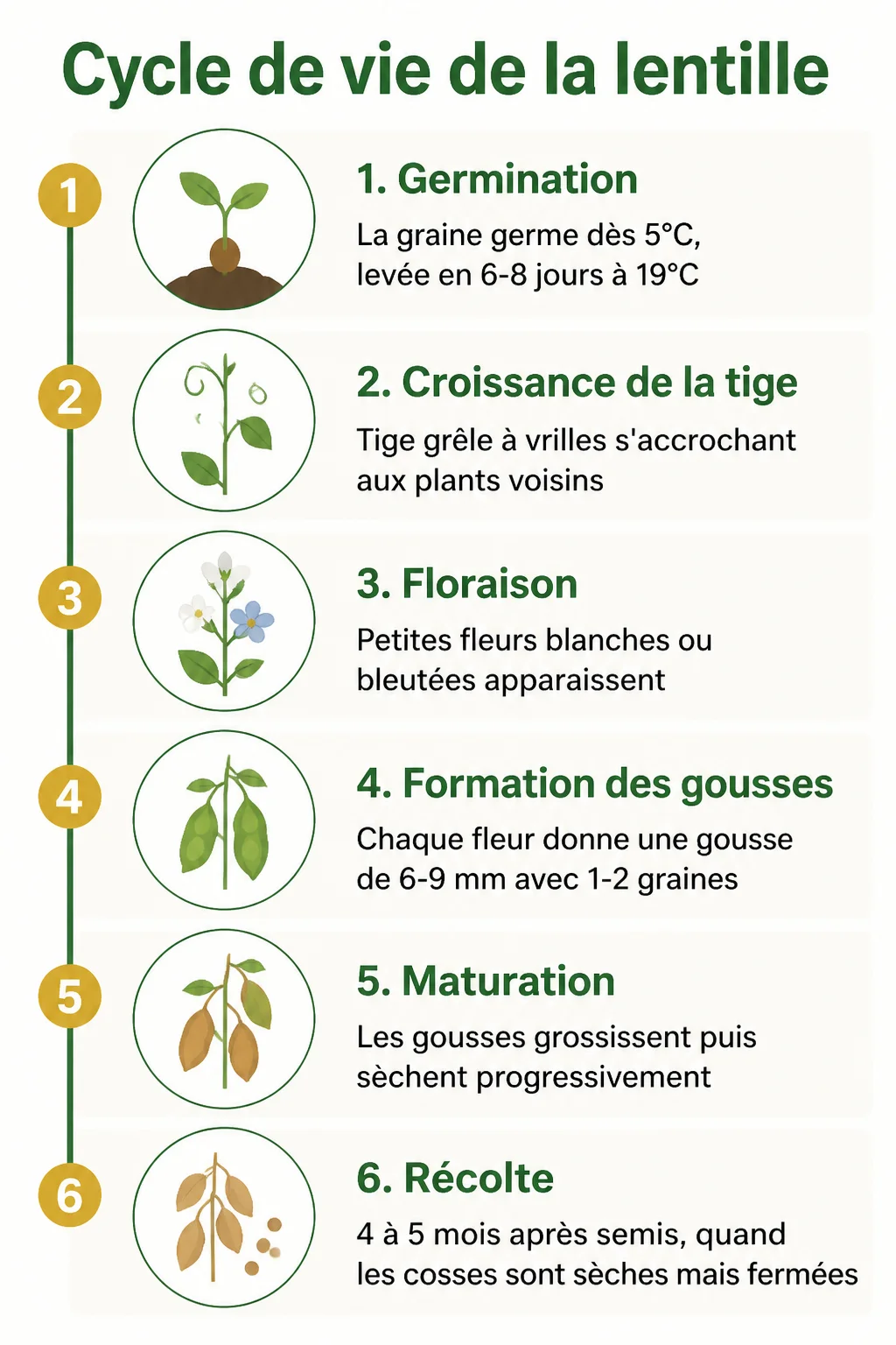 Cycle de vie de la lentille : 1. Germination, 2. Croissance de la tige, 3. Floraison, 4. Formation des gousses, 5. Maturation, 6. Récolte