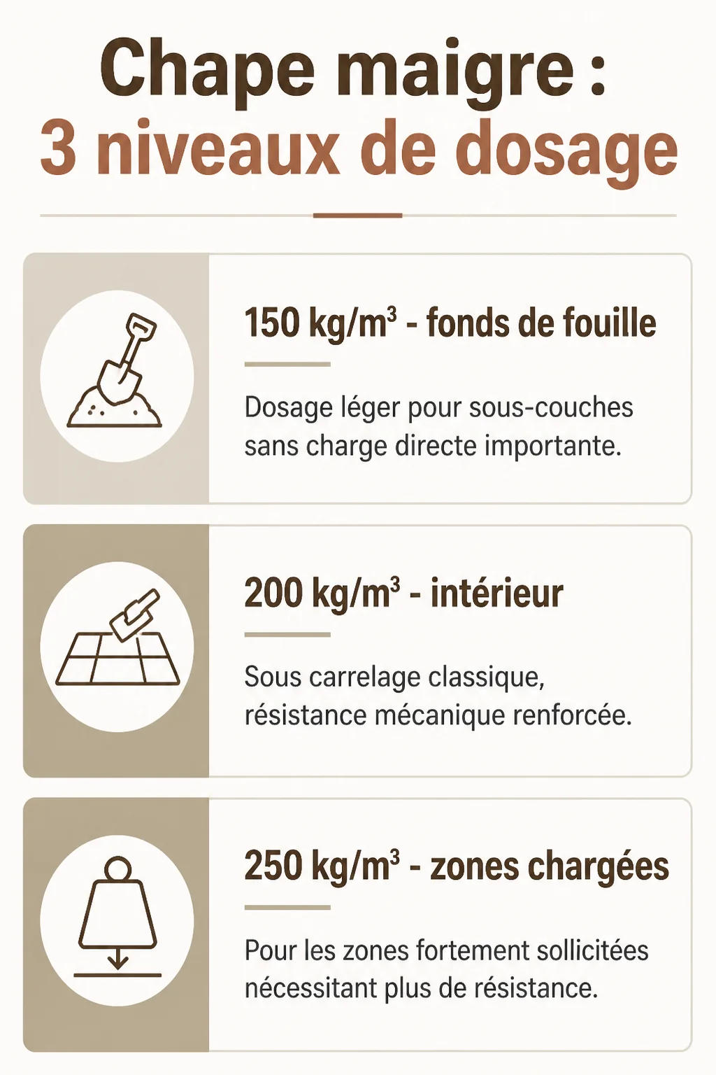 Chape maigre : 3 niveaux de dosage : 150 kg/m³ - fonds de fouille, 200 kg/m³ - intérieur, 250 kg/m³ - zones chargées