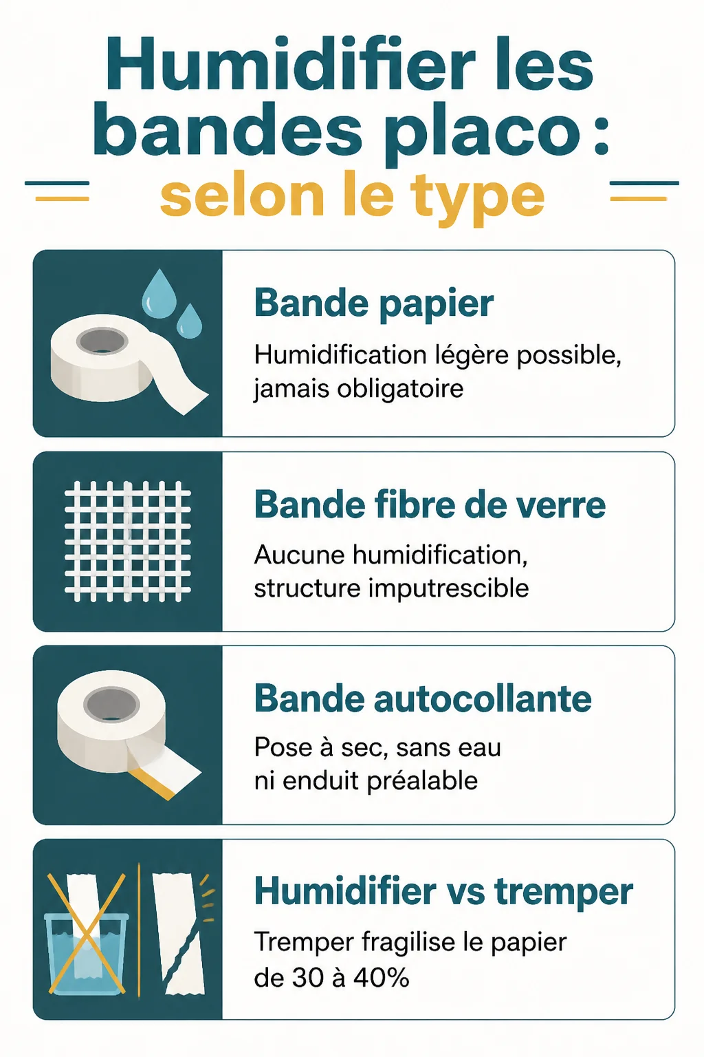 Humidifier les bandes placo : selon le type : Bande papier, Bande fibre de verre, Bande autocollante, Humidifier vs tremper