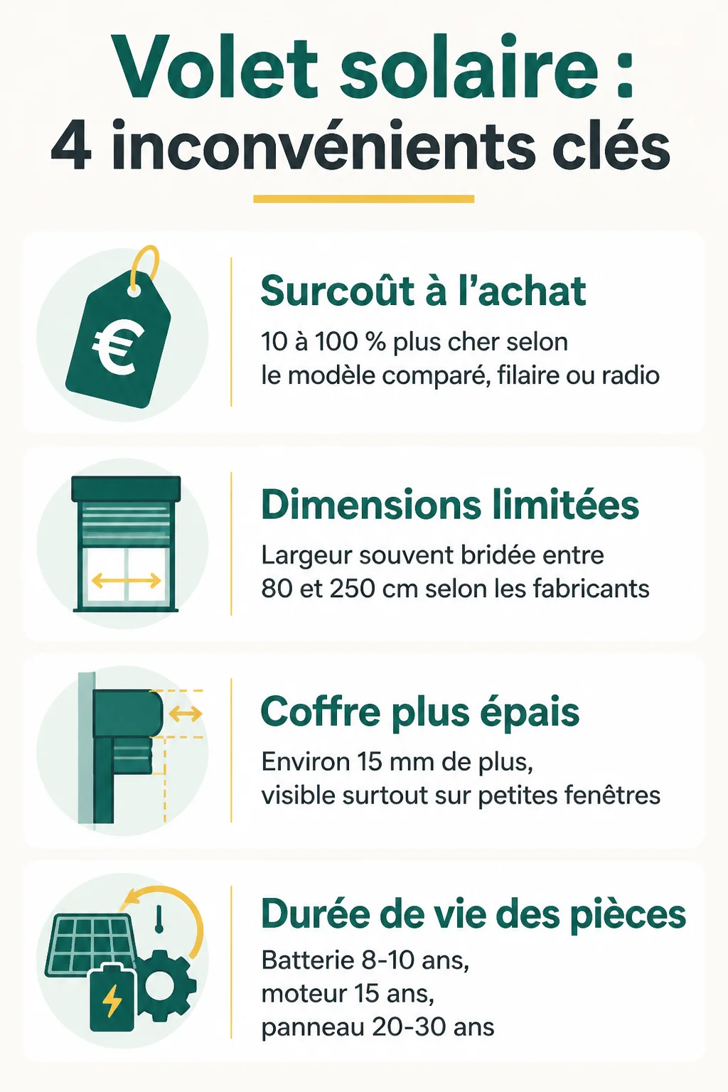 Volet solaire : 4 inconvénients clés : Surcoût à l'achat, Dimensions limitées, Coffre plus épais, Durée de vie des pièces