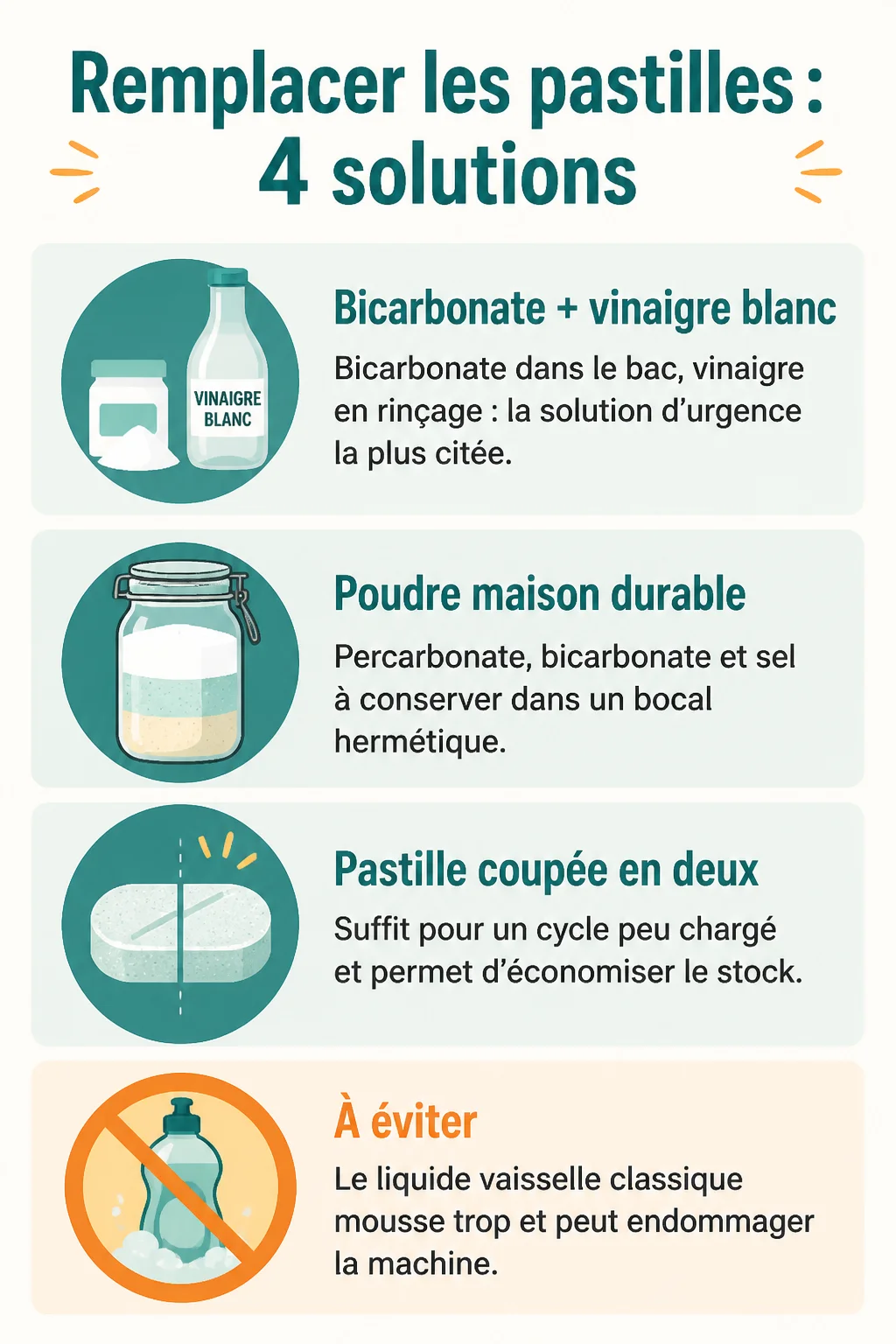 Remplacer les pastilles : 4 solutions : Bicarbonate + vinaigre blanc, Poudre maison durable, Pastille coupée en deux, À éviter