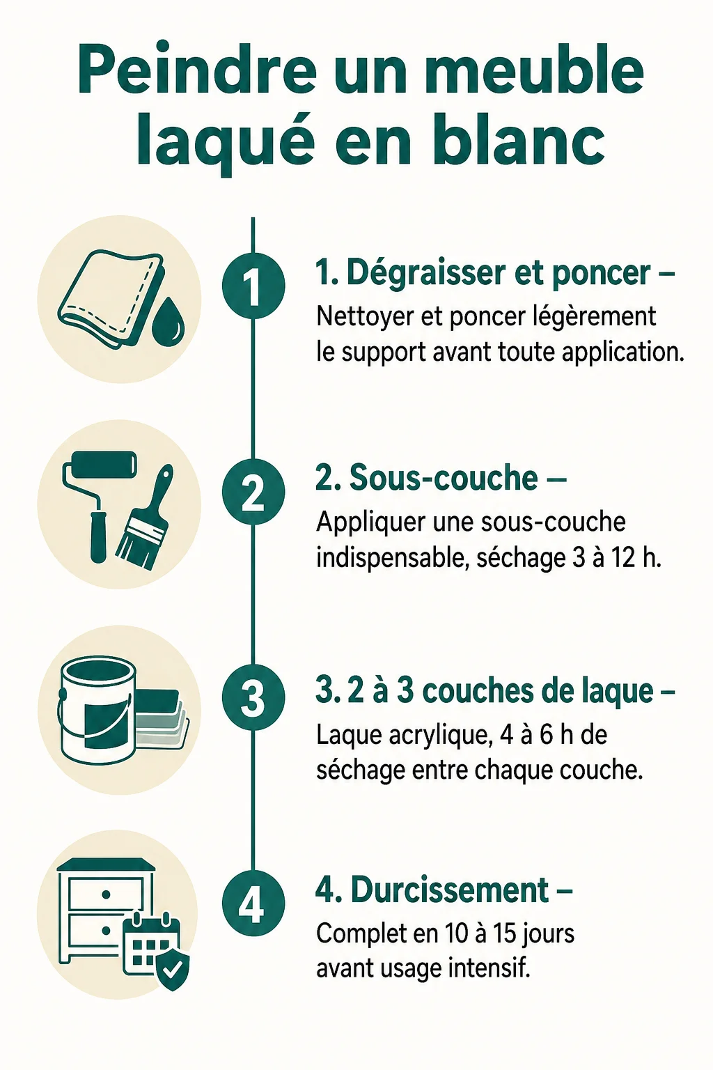 Peindre un meuble laqué en blanc : 1. Dégraisser et poncer, 2. Sous-couche, 3. 2 à 3 couches de laque, 4. Durcissement
