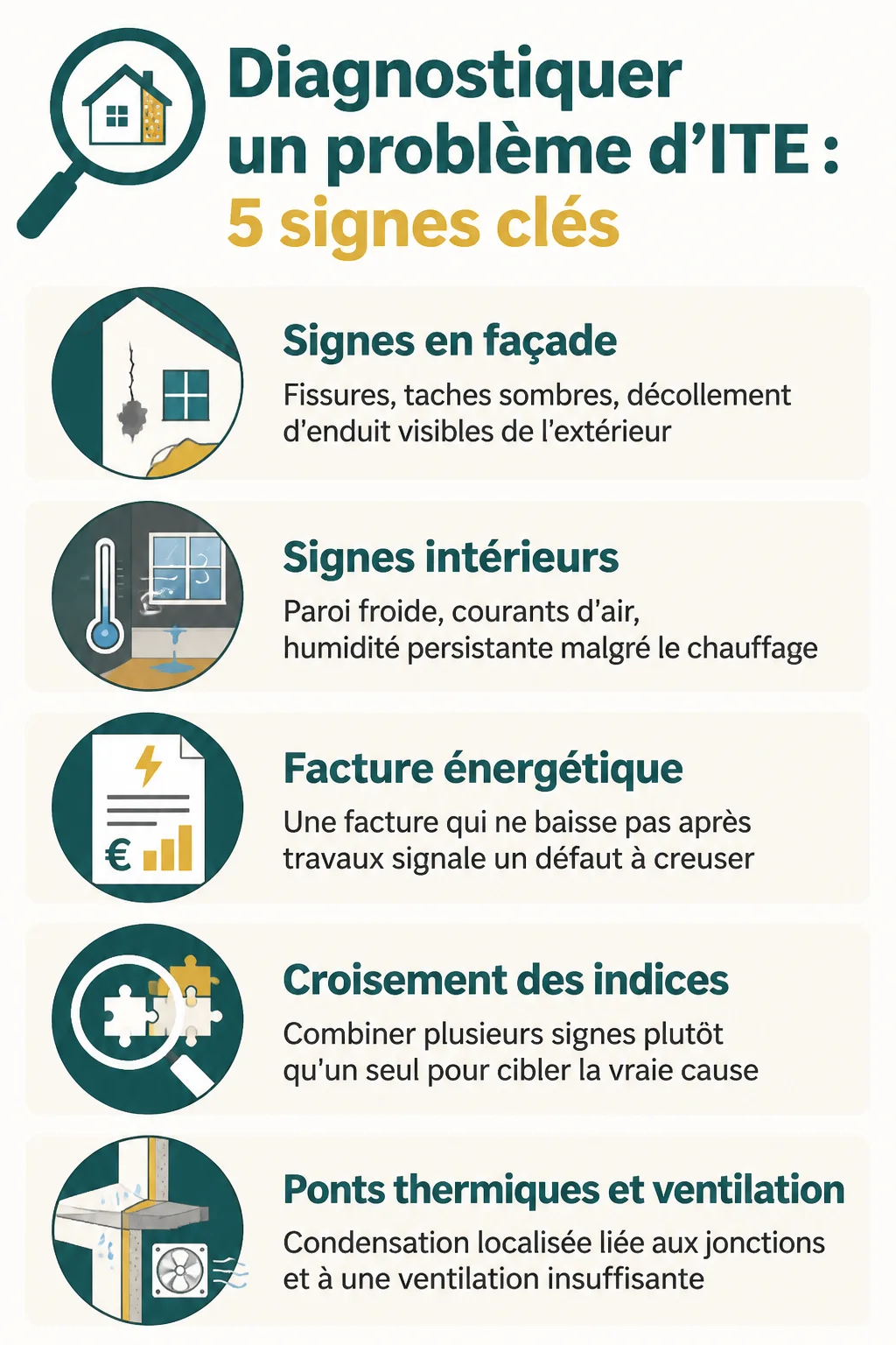 Diagnostiquer un problème d'ITE : 5 signes clés : Signes en façade, Signes intérieurs, Facture énergétique, Croisement des indices, Ponts thermiques et ventilation
