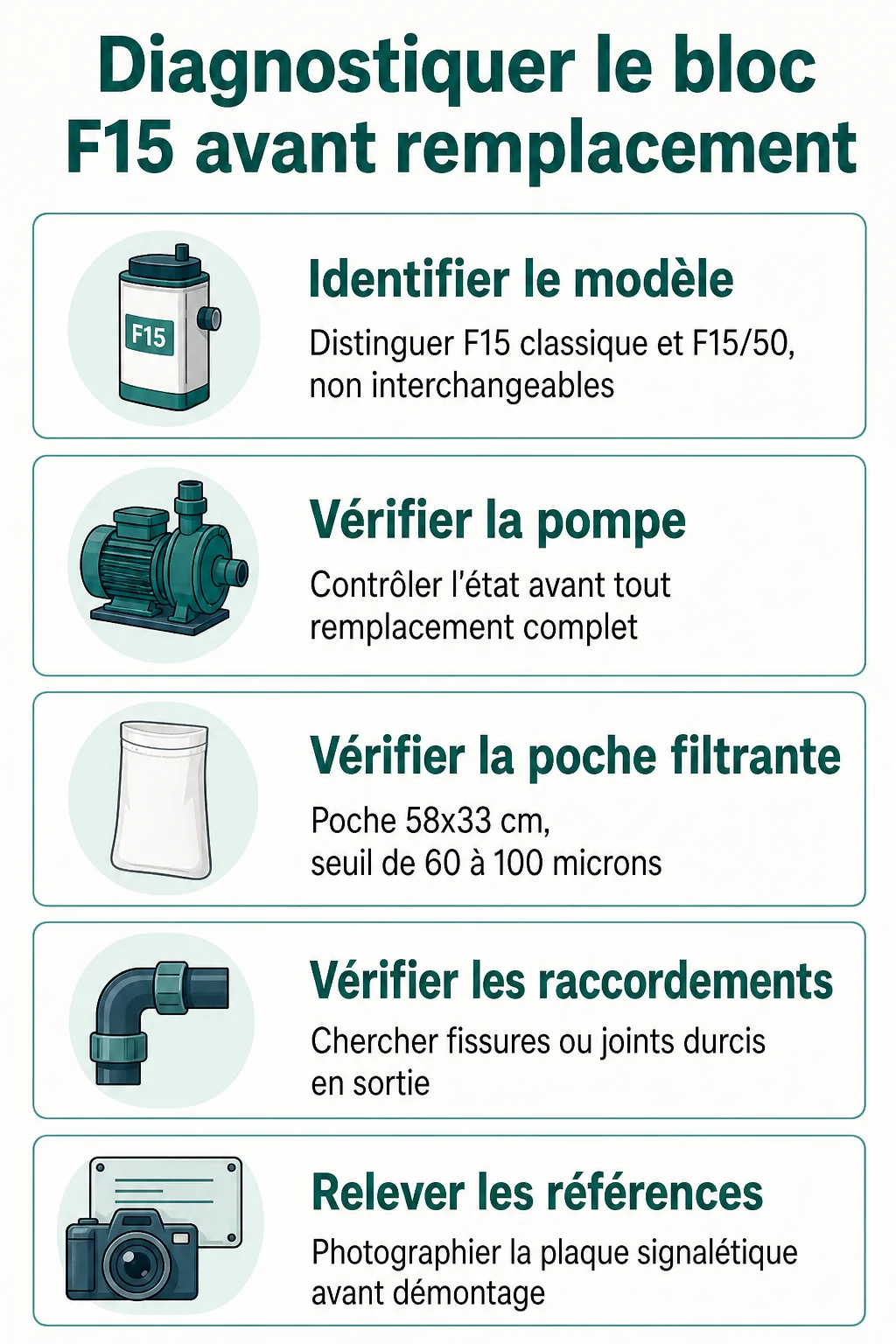 Diagnostiquer le bloc F15 avant remplacement : Identifier le modèle, Vérifier la pompe, Vérifier la poche filtrante, Vérifier les raccordements, Relever les références