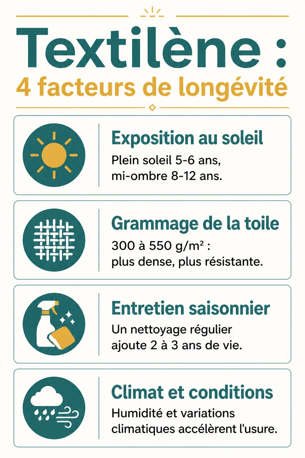 Textilène : 4 facteurs de longévité : Exposition au soleil, Grammage de la toile, Entretien saisonnier, Climat et conditions