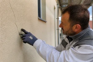 Artisan examinant une fissure sur une façade isolée par l'extérieur