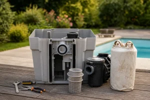 Bloc de filtration Desjoyaux F15 ouvert avec pompe et poche filtrante visibles au bord d'une piscine