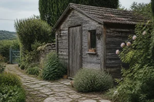 Abri de jardin en bois ancien dans un jardin, construit avant 2012