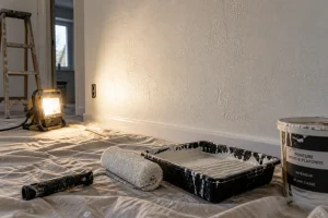 Mur peint éclairé en lumière rasante révélant des traces de rouleau après plusieurs couches de peinture