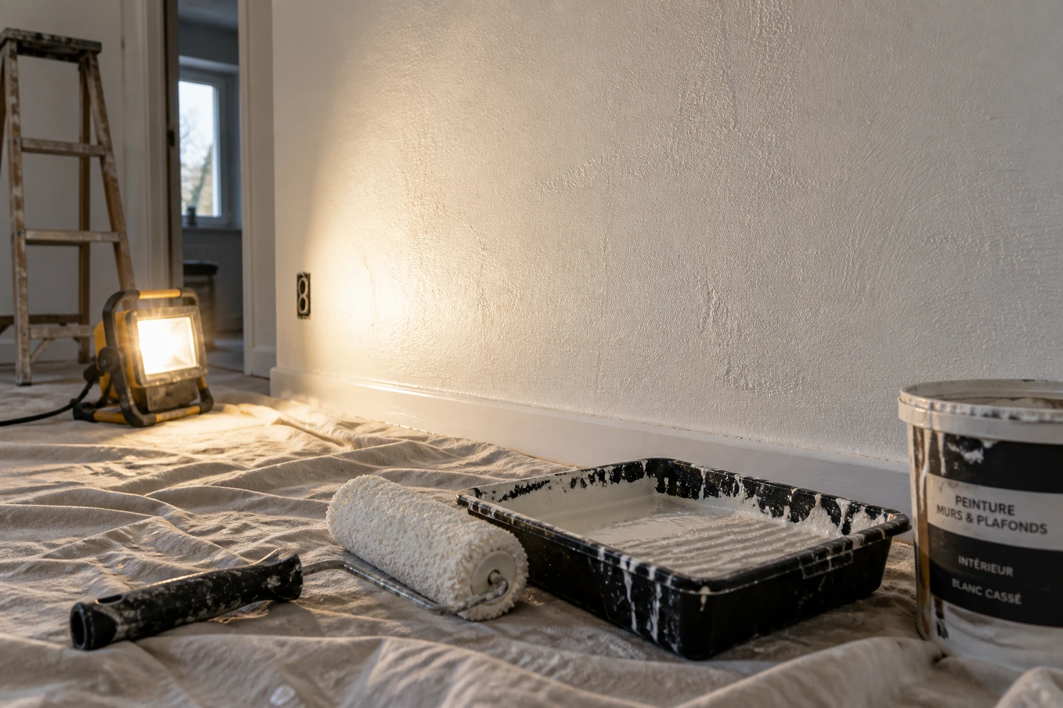 Mur peint éclairé en lumière rasante révélant des traces de rouleau après plusieurs couches de peinture