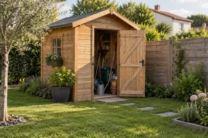 Abri de jardin en bois de 5 m² installé près d'une clôture séparative dans un jardin
