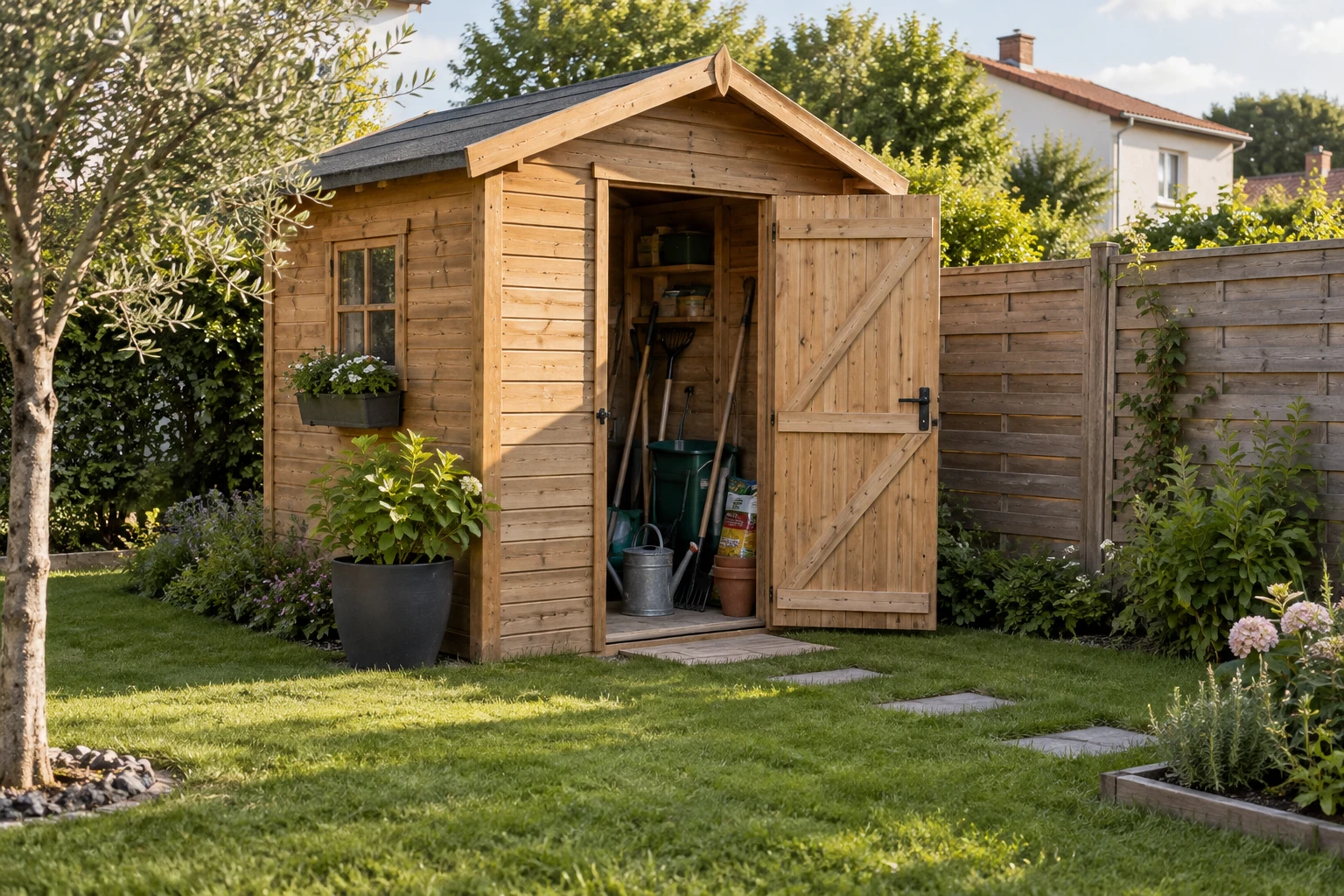 Abri de jardin en bois de 5 m² installé près d'une clôture séparative dans un jardin