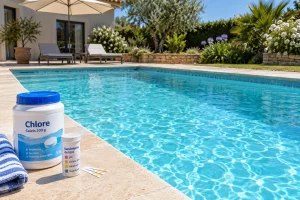 Bord de piscine avec bandelettes de test et produit chloré au soleil