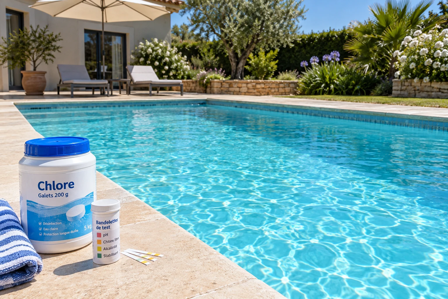 Bord de piscine avec bandelettes de test et produit chloré au soleil