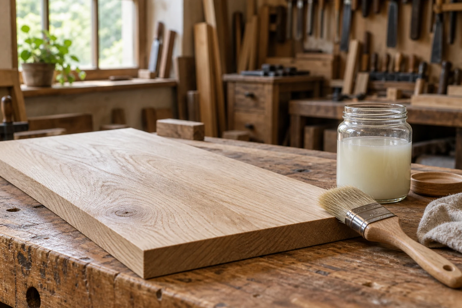 Planche de chêne éclairci sur un établi d'atelier avec pinceau et produit de traitement