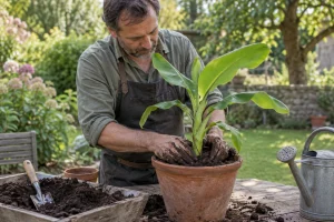 Jardinier rempotant un jeune rejet de bananier dans un pot en terre cuite au jardin