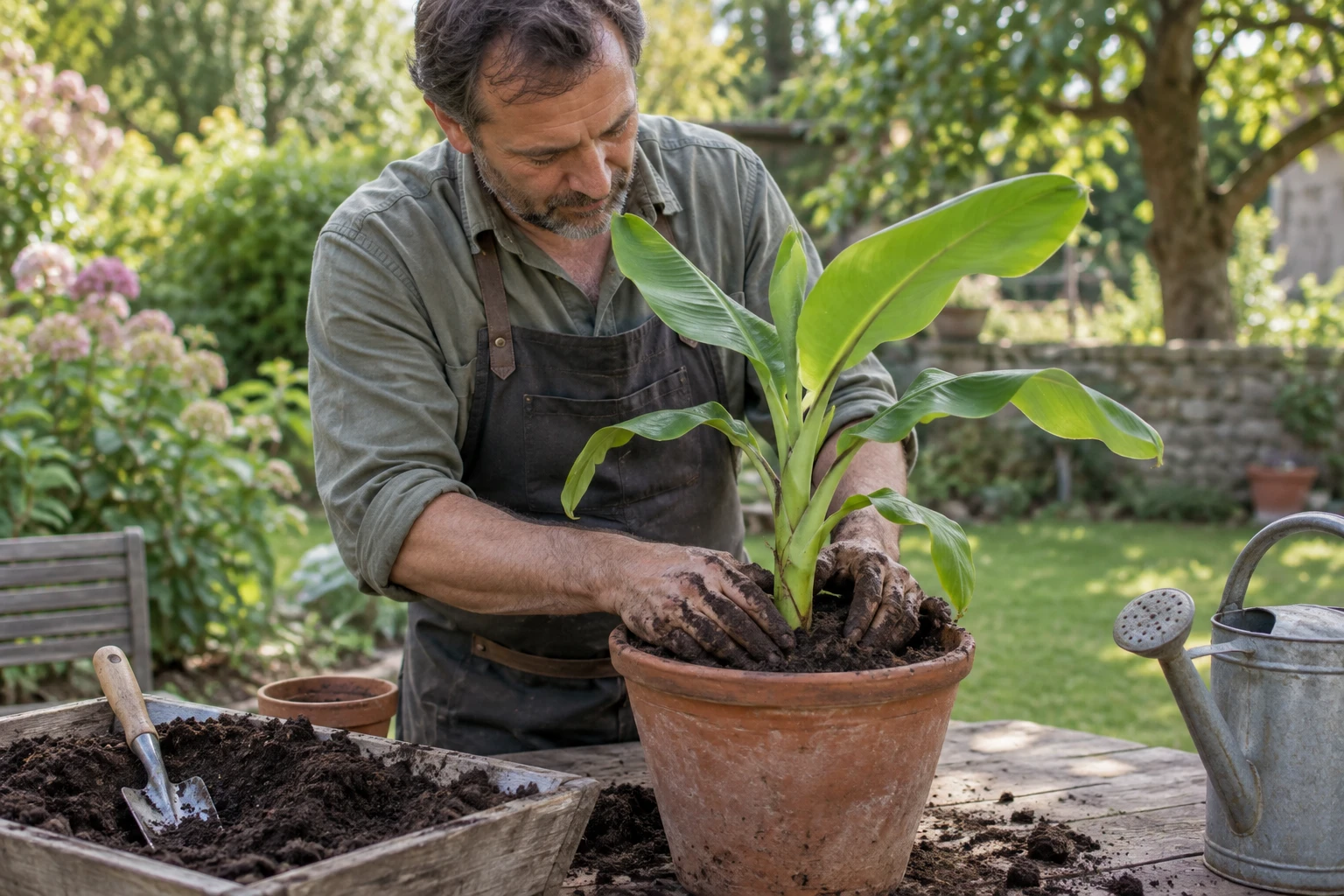 Jardinier rempotant un jeune rejet de bananier dans un pot en terre cuite au jardin