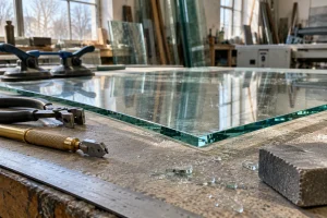 Plaque de verre trempé sur une table d'atelier de vitrerie professionnelle