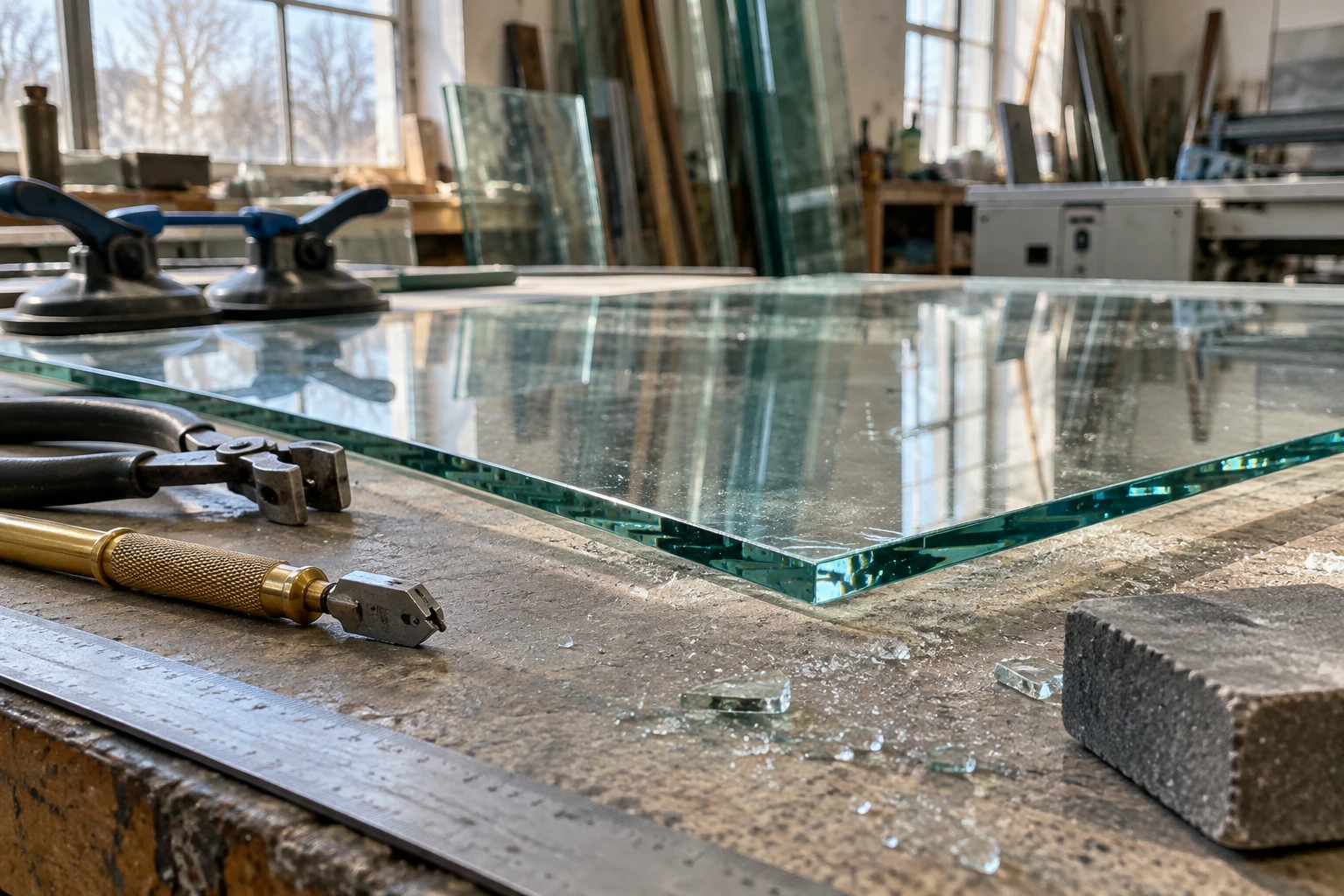 Plaque de verre trempé sur une table d'atelier de vitrerie professionnelle