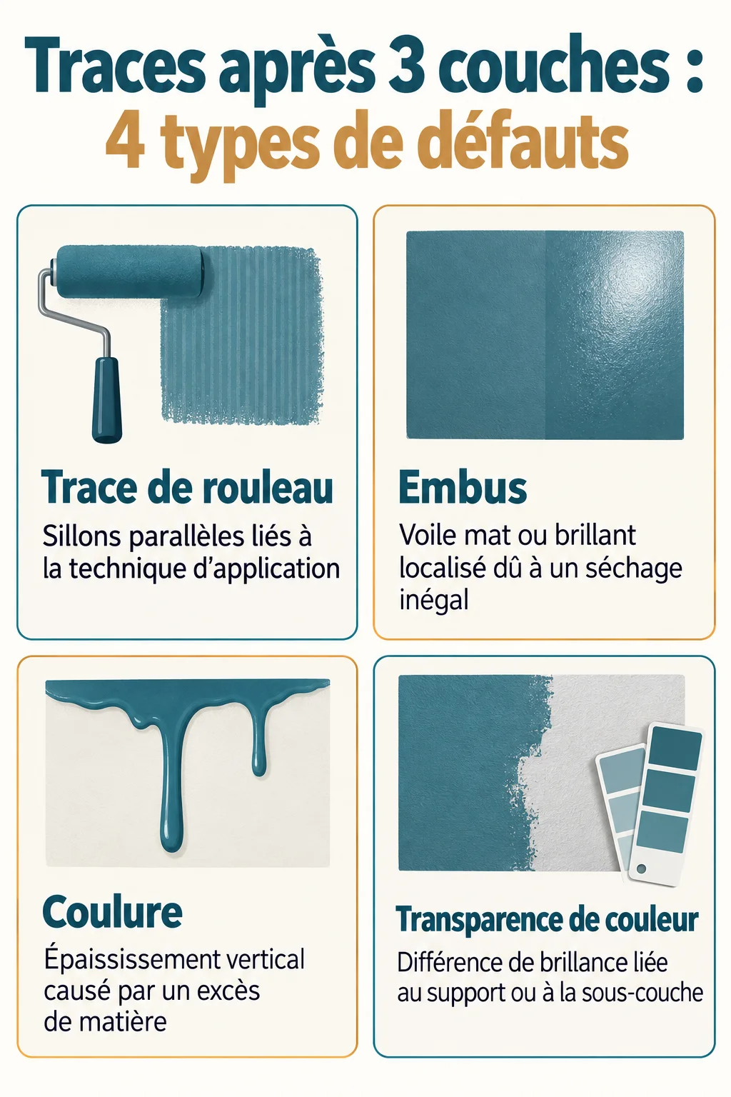 Traces après 3 couches : 4 types de défauts : Trace de rouleau, Embus, Coulure, Transparence de couleur