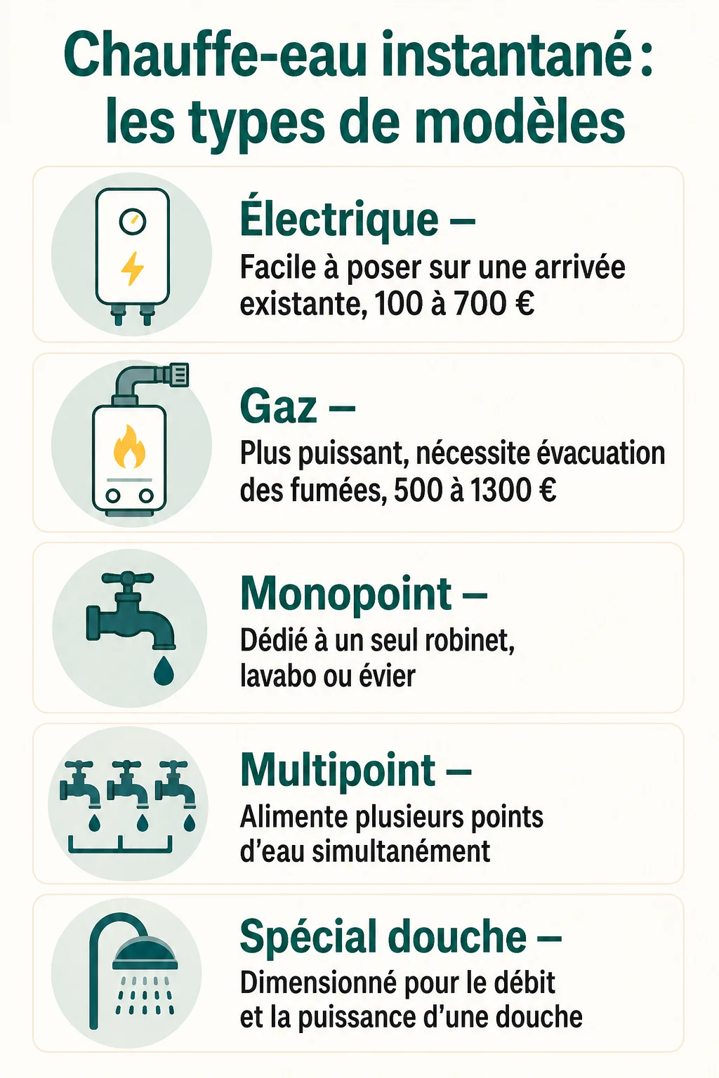 Chauffe-eau instantané : les types de modèles : Électrique, Gaz, Monopoint, Multipoint, Spécial douche