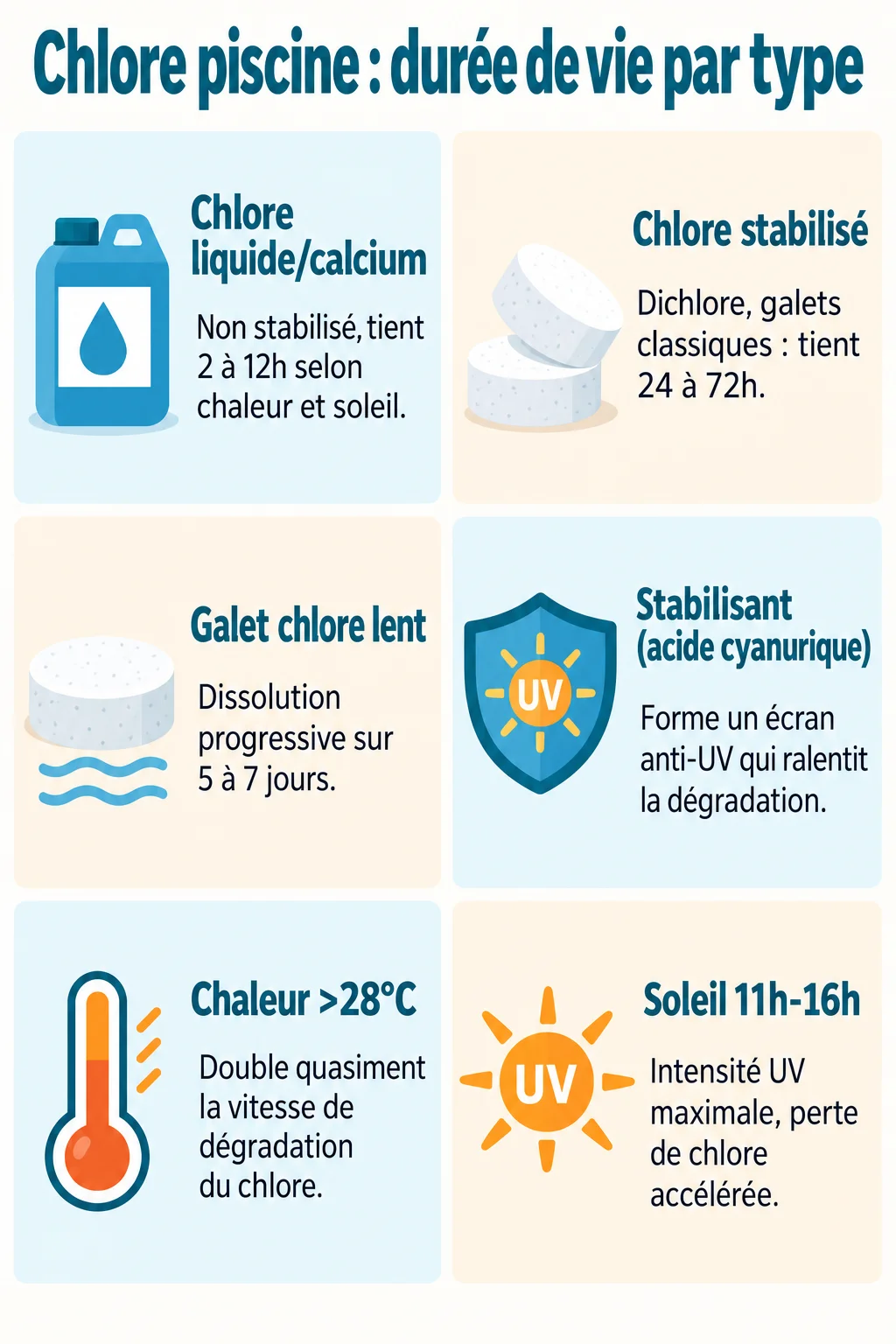 Chlore piscine : durée de vie par type : Chlore liquide/calcium, Chlore stabilisé, Galet chlore lent, Stabilisant (acide cyanurique), Chaleur >28°C, Soleil 11h-16h » class= »wp-image-320&Prime;/></figure>



<h2 class=