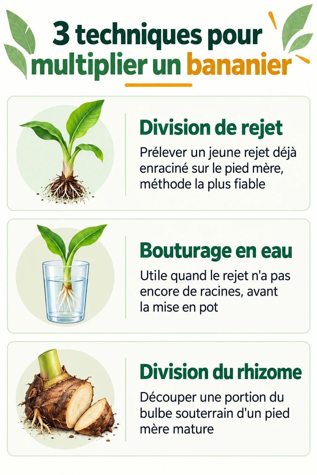 3 techniques pour multiplier un bananier : Division de rejet, Bouturage en eau, Division du rhizome