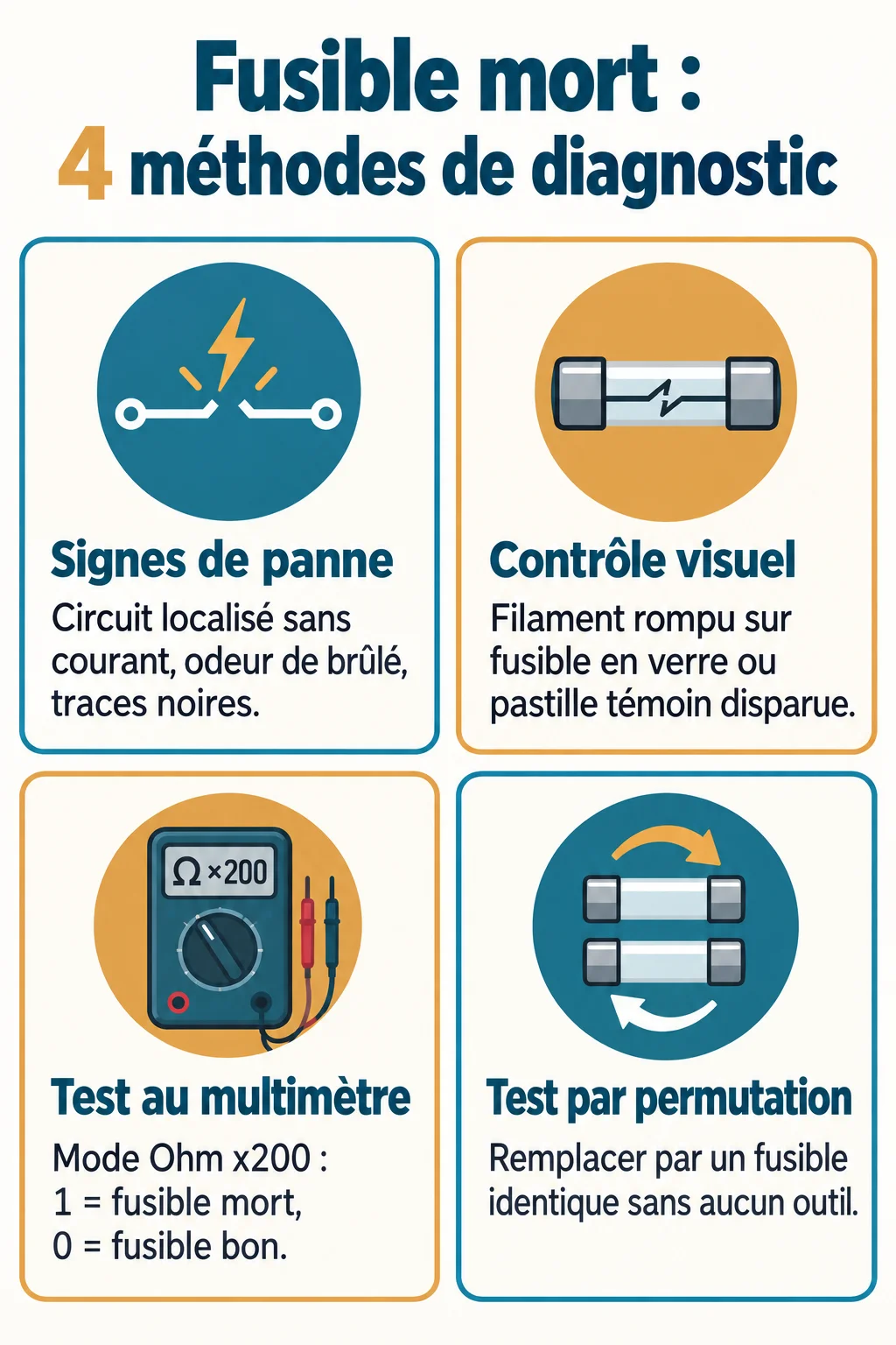 Fusible mort : 4 méthodes de diagnostic : Signes de panne, Contrôle visuel, Test au multimètre, Test par permutation