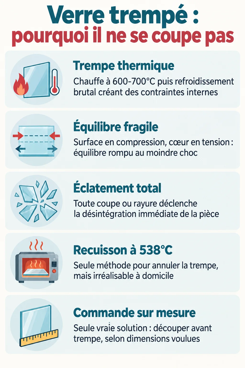 Verre trempé : pourquoi il ne se coupe pas : Trempe thermique, Équilibre fragile, Éclatement total, Recuisson à 538°C, Commande sur mesure