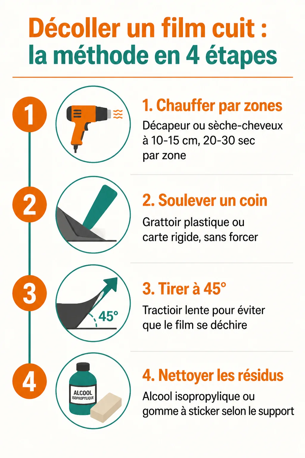Décoller un film cuit : la méthode en 4 étapes : 1. Chauffer par zones, 2. Soulever un coin, 3. Tirer à 45°, 4. Nettoyer les résidus